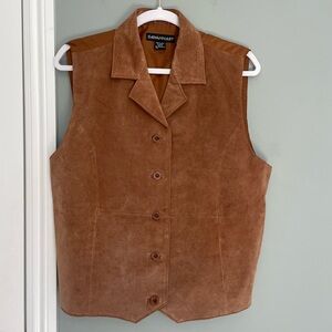 Vintage Savannah 100% Genuine Leather Collared V-Neck Button Down Vest Tie Back